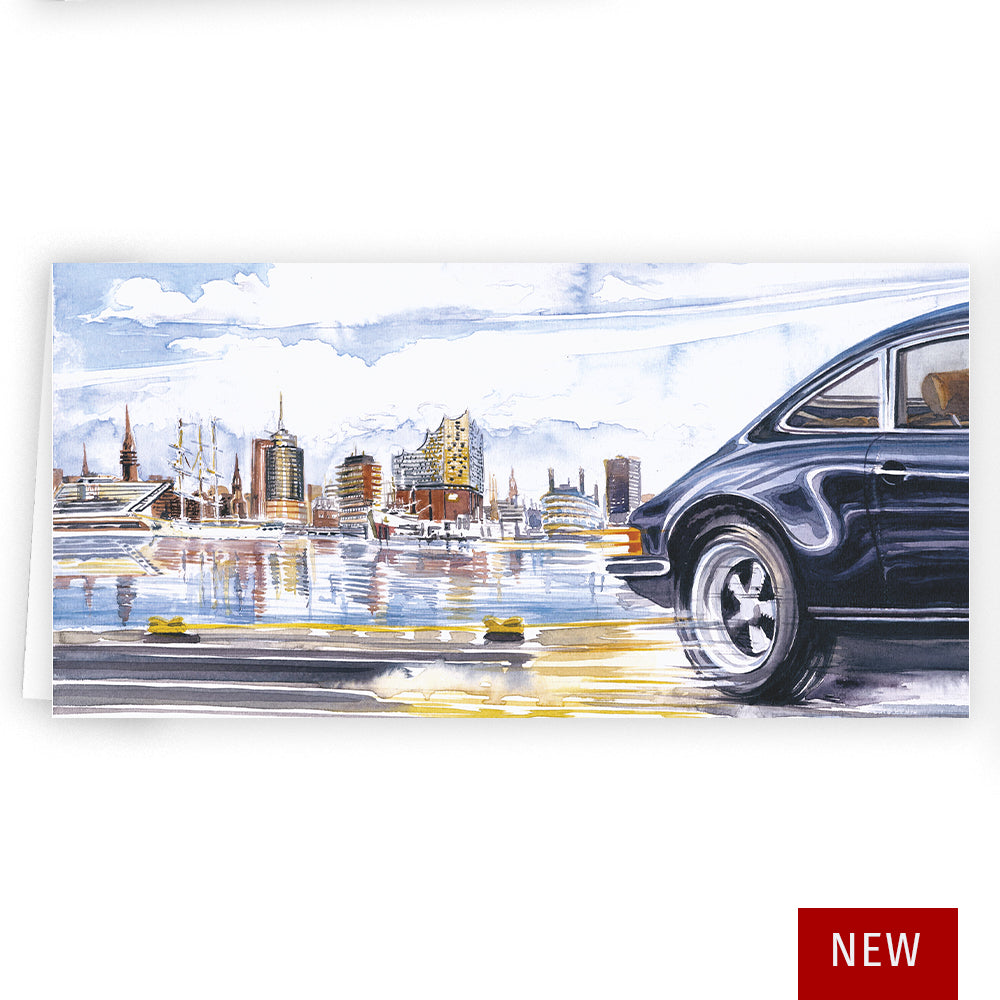 Karte #080 - "Hamburg" Hafenpanorama mit Porsche 911 Heck